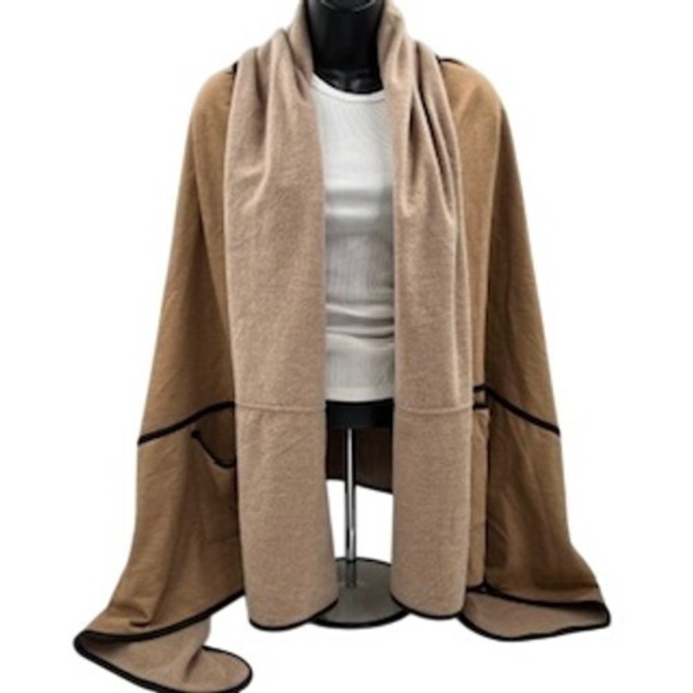 Chicos Open Front Poncho Wrap Camel‎ Tan Beige Black Trim One Size NWOT
